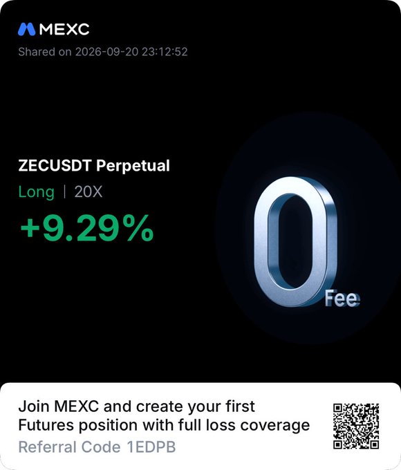 A promotional graphic from the MEXC exchange showing a "ZECUSDT Perpetual" position that is "Long | 20X" with a gain of "+9.29%", featuring a large "0 Fee" badge and a referral code "1EDPB".