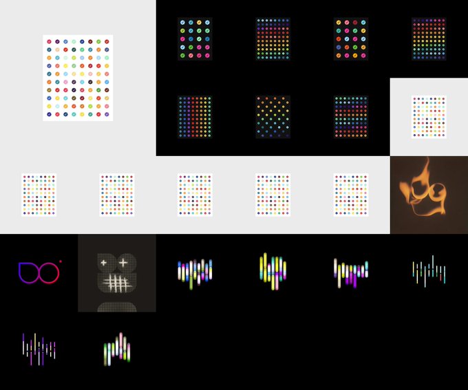 A grid of various abstract graphic designs and logos featuring colorful dot patterns on contrasting backgrounds, along with stylized audio waveform-like logos.