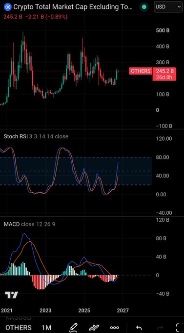 A financial chart titled 'Crypto Total Market Cap Excluding To...' showing a candlestick chart for the 'OTHERS' sector at 245.2B, along with lower Stochastic RSI and MACD indicator panels against a dark background.