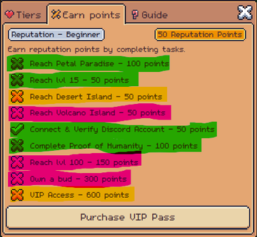 A 'Reputation - Beginner' tiers menu showing earned points for tasks like 'Reach Petal Paradise - 100 points', 'Reach lvl 15 - 50 points', and 'Connect & Verify Discord Account - 50 points', with a 'Purchase VIP Pass' button.