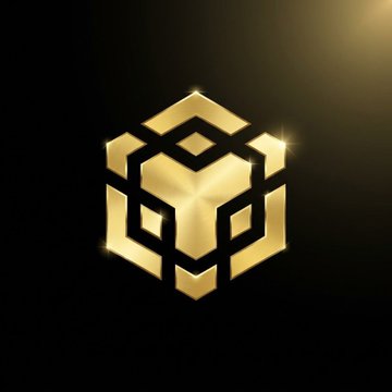 A glowing gold 3D geometric logo shaped like a stylized cube or box set against a dark black background.
