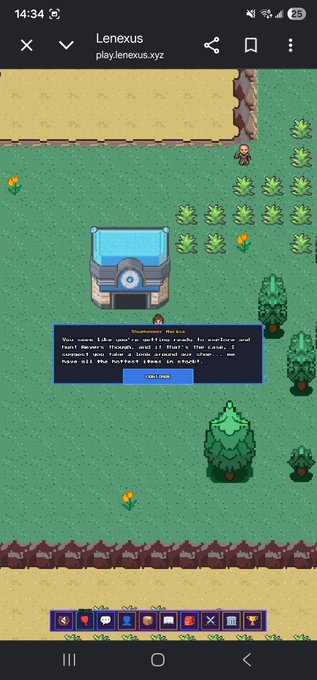 A pixel-art style game called "Lenexus" showing a character near a machine and a text box reading "You came like water, but my heart is like an ant on a hot pan. Ants work tirelessly for survival. I don't understand where I made you angry. You have all the perfect tools in stock! COLLECT".
