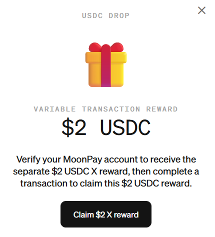 This screenshot shows a "USDC DROP" offering a "$2 USDC" reward from MoonPay. The user's post expresses disappointment with this reward after a day of anxiety, highlighting the low value of the offer.