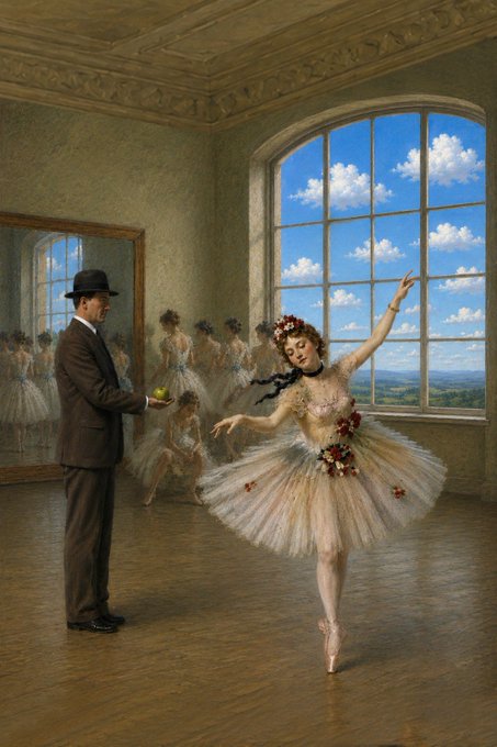 A surrealist painting depicting a ballerina in a tutu dancing in a studio while a man in a suit and bowler hat offers her an apple, with other dancers visible in the mirror.