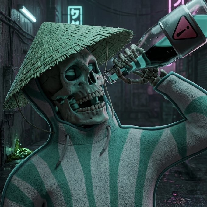 The image features a 3D rendering of a skeleton wearing a green hat, holding a bottle with a skull design on top. The skeleton appears to be drinking from the bottle while standing in front of a neon sign that says "GM $REKT". The background shows an urban setting with buildings and a street lamp. The post seems to be promoting a product or idea related to GM $REKT, which could be a type of energy drink or some other item.