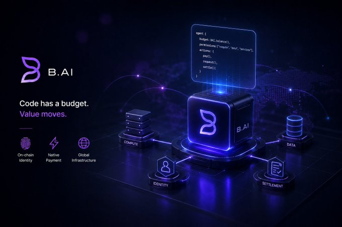 A promotional graphic for B.AI featuring the tagline 'Code has a budget. Value moves.' highlighting features like On-chain Identity, Native Payment, and Global Infrastructure, with code snippet showing budget allocation across compute, data, identity, and settlement.