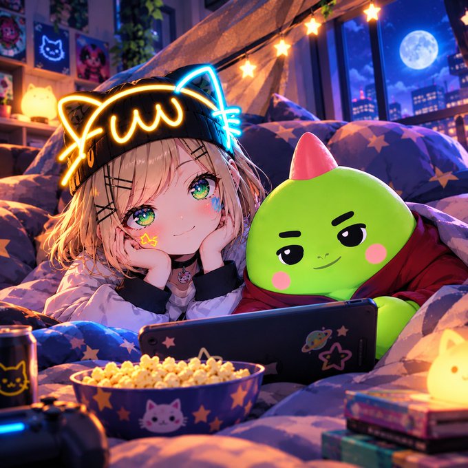 An anime-style illustration of a girl wearing a glowing cat-ear hat and a small green creature with a horn, cuddled together on a star-patterned bed looking at a tablet, with popcorn and a full moon in the background.