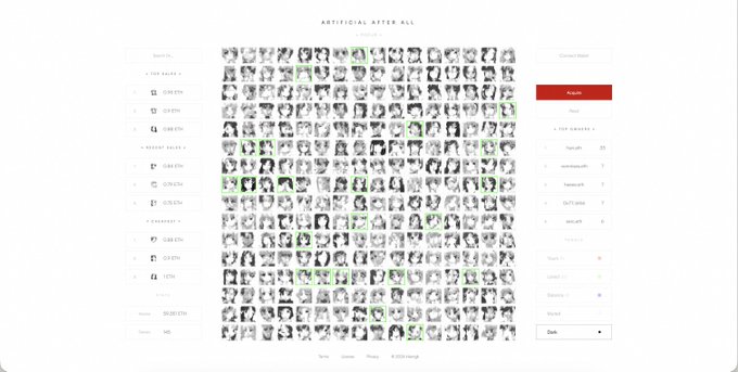The image features an art collection called "Artificial After All" by @hanrgb, which was minted in 2006 with a supply of just 256 pieces. The artworks are displayed on a white background, making them stand out against the backdrop. The post also mentions that this art collection is one of the most undervalued and overlooked art collections of its kind.