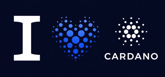 Graphic showing 'I [Cardano logo] CARDANO' expressing love for the Cardano cryptocurrency, with its signature dotted circle emblem in blue and white.
