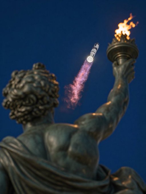A bronze statue holds a flaming torch against a dark sky as a SpaceX rocket streaks upward with a pink exhaust trail, capturing the mythology of Prometheus bringing fire to humanity mirrored in SpaceX's pursuit of space exploration—fitting imagery for the $PROMETHEUS token's permanent presence at Starbase.