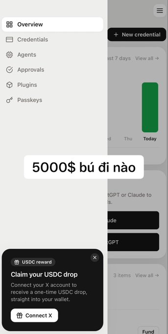 Screenshot of a digital interface with a side menu listing Options like Overview, Credentials, Agents, Approvals, Plugins, and Passkeys, overlaid with the text '5000$ bú đi nào' and a popup advertising a USDC reward drop.