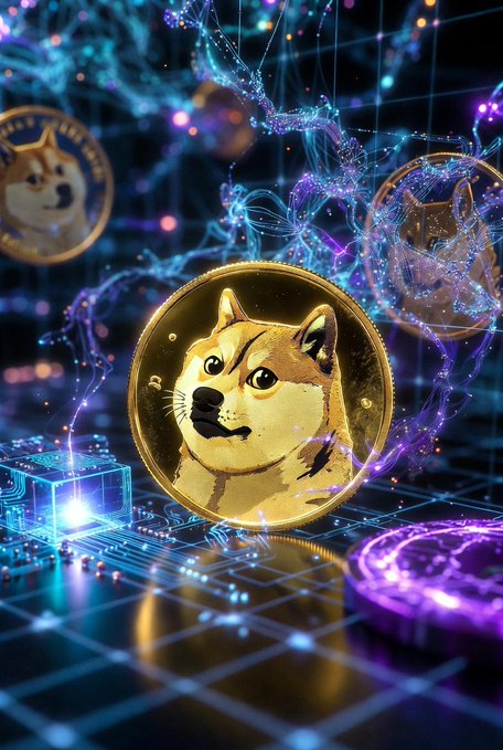 The image features a gold coin with a cartoon dog face on it, surrounded by other coins that are also shaped like dogs. These coins are floating in a digital environment filled with blue lights and purple lines, giving the impression of a 3D effect. The text "Dogecoin" is visible in the image, which suggests that this scene might be related to cryptocurrency or digital art.