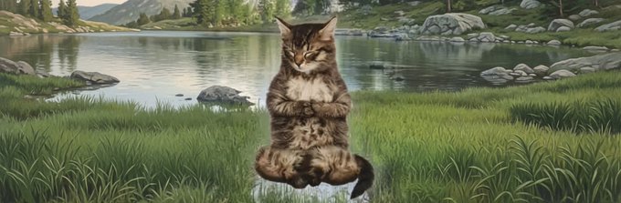 A tabby cat meditates in a serene lotus pose on a forest lake shore, radiating peaceful zen energy that perfectly matches the caption's "zen state" theme.

The post's crypto ticker/token reference (ADQedDL3RMJWpX9965cEQBJHnKLf5vKLi7YEWA28pump) appears to be a Solana-style contract address, likely representing a meme coin being humorously promoted through this meditative cat imagery.