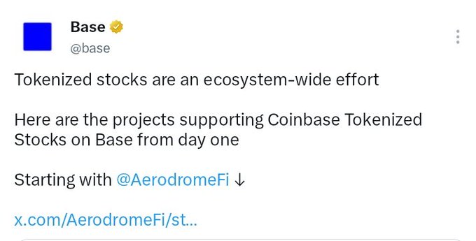 A tweet from Base (@base) stating that tokenized stocks are an ecosystem-wide effort, highlighting projects supporting Coinbase Tokenized Stocks on Base from day one, starting with @AerodromeFi, with a link to AerodromeFi's post. The image reinforces the post's focus on Base's expansion and the launch of tokenized stocks as a key development driving anticipation for a potential airdrop.
