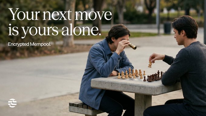 The image shows two men sitting at a table playing chess, with their hands holding pieces that are part of the game. The background features trees, suggesting an outdoor setting or park-like environment. The text "Your next move is your own." appears in the image and above it, there's a quote about encryption and strategy.
