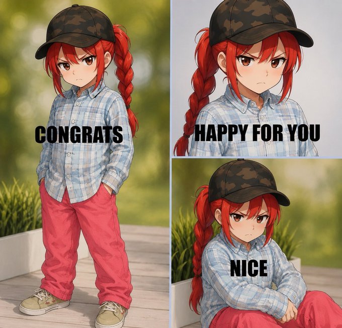 Anime-style character with red hair in a braid, camo cap, blue plaid shirt, and pink pants shown in three poses with text: "CONGRATS", "HAPPY FOR YOU", and "NICE".