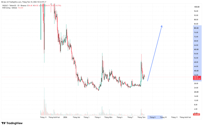 A TradingView daily candlestick chart of GOOLE / TetherUS on Binance shows a price of 33.63, with a blue arrow projecting an upward trend from late August toward the 80 level.