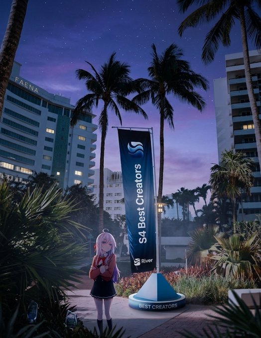 The image features a woman standing next to a blue banner that says "Best Creators" with the number "44" written on it, possibly indicating an award or recognition for her work. The setting appears to be outdoors, with palm trees nearby. In the background, there are buildings and a cityscape, suggesting that this scene takes place in an urban environment.