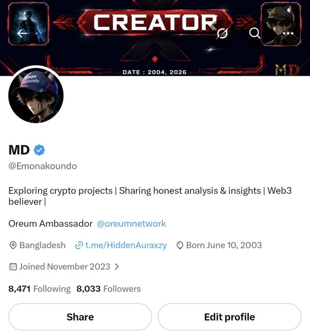 A Twitter/X profile page for user 'MD' (@Emonakoundo), a crypto/Web3 enthusiast from Bangladesh with 8,033 followers and an 'Oereum Ambassador' designation.