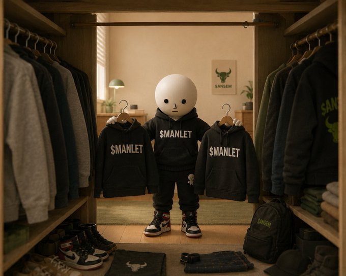 A whimsical scene of a white round-headed character standing in a closet, holding two black hoodies labeled '$MANLET' on hangers, wearing matching sweatpants and sneakers.
