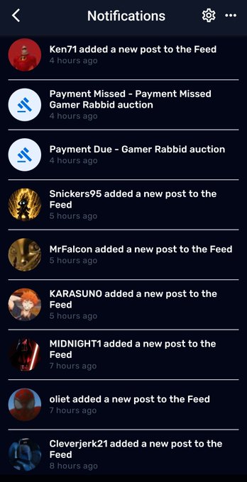 A mobile app notification screen showing recent activity, including 'Payment Missed' and 'Payment Due' alerts for a Gamer Rabbid auction, along with new post notifications from various users.