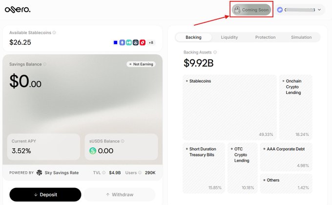 A screenshot of the 'Osero' crypto platform dashboard showing a $26.25 Stablecoin balance, a 3.52% APY, and a red box highlighting a 'Coming Soon' button.