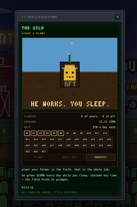 A pixel-art game interface titled 'THE SILO' showing 'STAKE = PLANT' with a crop farmer icon labeled 'NIFT', displaying 'HE WORKS. YOU SLEEP.' and stats for 12,31 CORN growing at 370 a day.