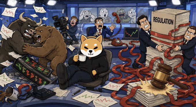 A chaotic cartoon depicts a Shiba Inu dog sipping coffee amid battling bulls and bears, terrified investors, and men drowning in paperwork labeled "REGULATION," with a gavel and falling charts symbolizing crypto's wild blend of market turbulence, legal struggles, and meme-driven conviction.