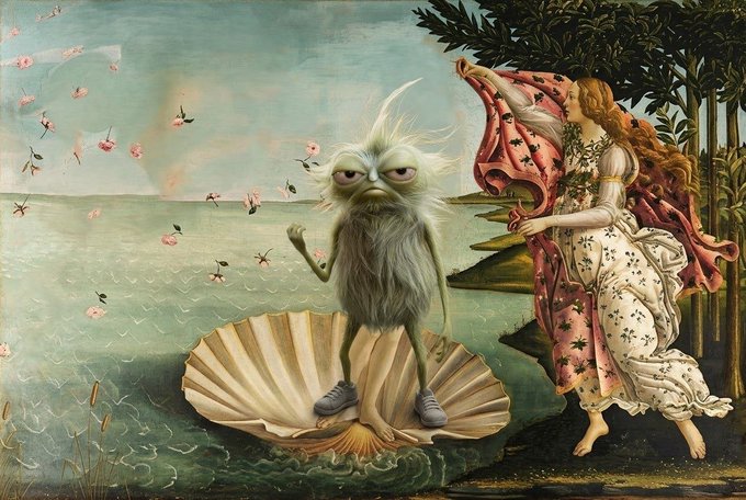A surreal, edited classical painting (reminiscent of Botticelli's 'The Birth of Venus') where the central character has been replaced with a furry, grumpy green monster wearing sneakers standing on a seashell, while a woman in a patterned dress holds a cloak nearby.