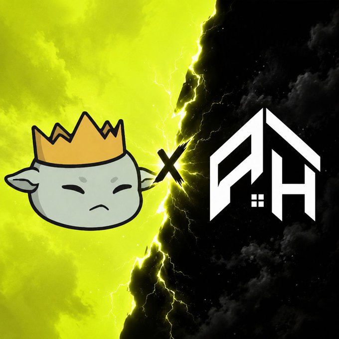 A split image with a green lightning background showing a sad crowned Pepe-like character on the left and the 'RH' logo on the right, separated by a lightning bolt.