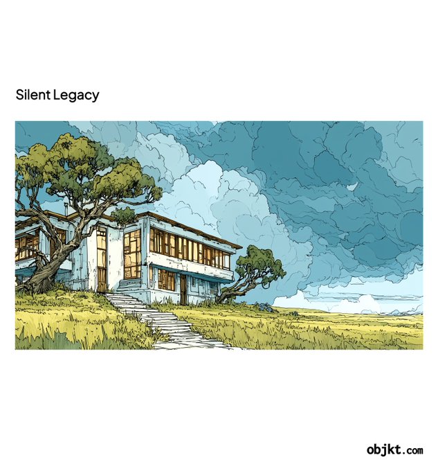 An illustrated landscape titled 'Silent Legacy' showing a modernist house with large windows on a grassy hill under dramatic blue clouds, branded with 'objkt.com'.