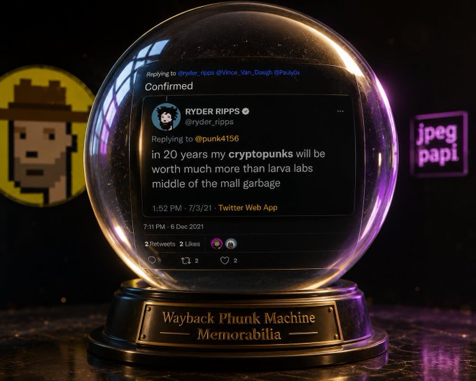 A digital art piece featuring a snow globe labeled "Wayback Plunk Machine Memorabilia" containing a screenshot of a confirmed tweet from Ryder Ripps (@ryder_ripps) about Cryptopunks, with a CryptoPunk-style character in the background.