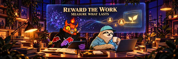Colorful digital illustration of two characters—a flame-headed devil and a sloth wearing a blue cap—working on laptops in a cozy office setting, with a banner above them reading "REWARD THE WORK MEASURE WHAT LASTS."