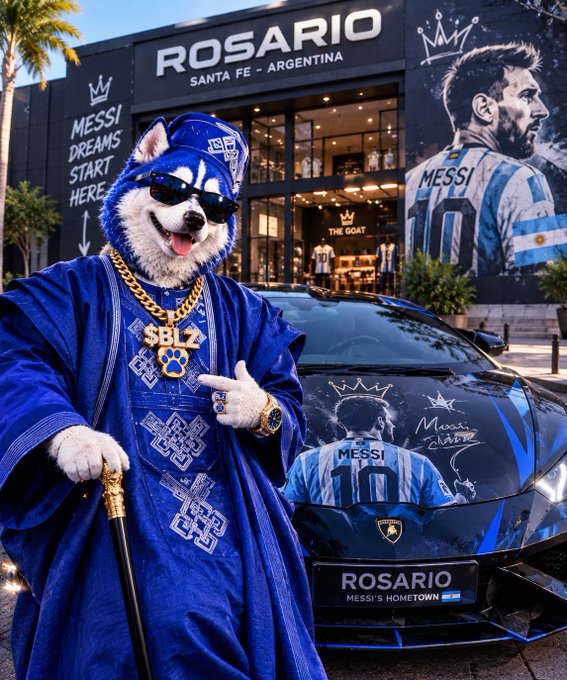 An image showing a husky mascot dressed in blue royal attire with gold chains standing in front of a black Lamborghini and a storefront labeled 'ROSARIO - SANTA FE - ARGENTINA' featuring a mural of Lionel Messi.