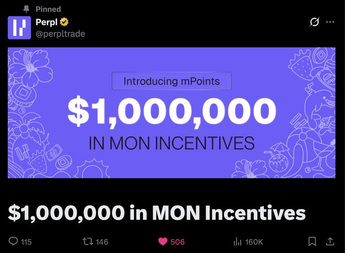 A pinned tweet from @perpltrade announces "$1,000,000 in MON incentives" for their "Introducing mPoints" program, which the poster references when sharing their tournament payout and encouraging others to join via a referral code for a points boost.