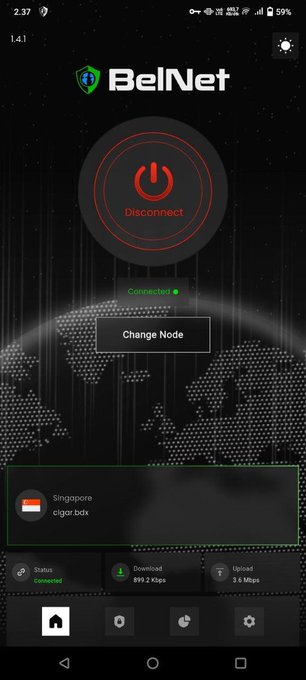 A smartphone screen displays the 'BelNet' VPN application, showing a 'Connected' status with a 'Disconnect' button, a 'Change Node' option, and an active connection to a Singapore node (clgor.box) at the bottom.