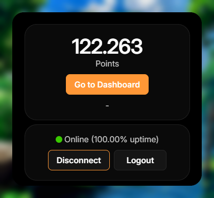 A dashboard interface showing a points balance of 122.263 Points with options to 'Go to Dashboard', 'Disconnect', and 'Logout', indicating an online status with 100.00% uptime.