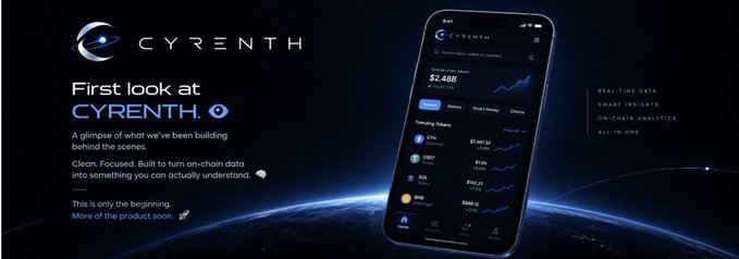 Promotional graphic for 'CYRENTH' advertising 'Real-time data, Smart insights, On-chain analytics, All in one,' alongside an image of a mobile app interface displaying crypto balances.