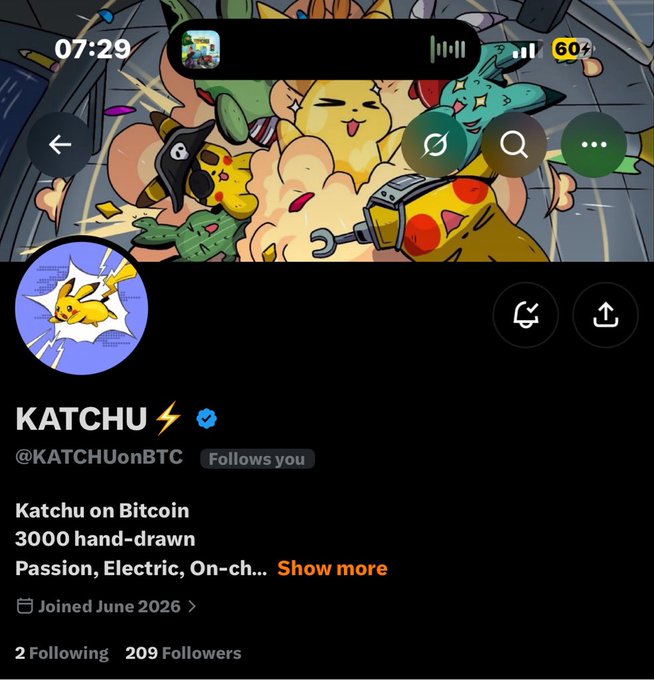 A screenshot of an X (Twitter) profile for 'KATCHU⚡' (@KATCHUonBTC), verified, with bio 'Katchu on Bitcoin, 3000 hand-drawn, Passion, Electric, On-ch...', showing 209 followers, joined June 2026.