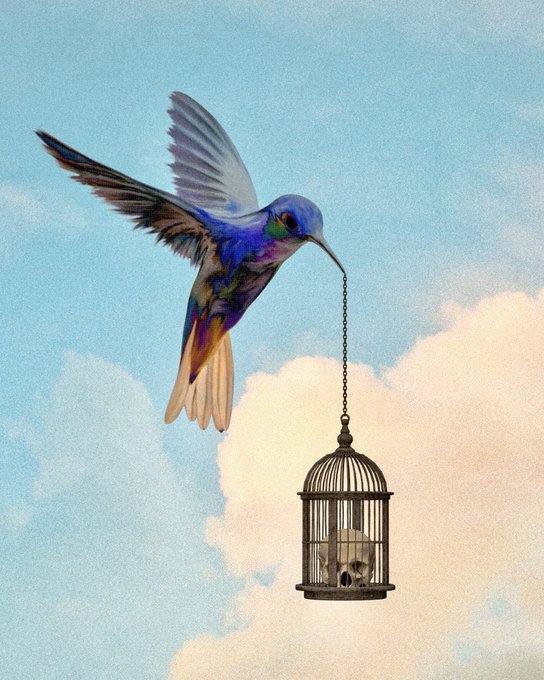 Surreal illustration of a hummingbird with vibrant blue and purple plumage carrying a small ornate cage via a chain in its beak, set against a sky with clouds.