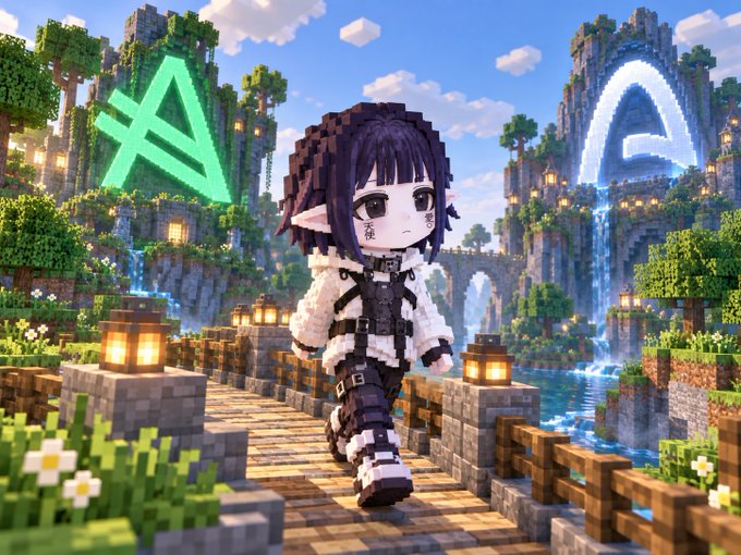 A Minecraft-style chibi character with purple hair and elf ears walking on a bridge in a blocky fantasy world with waterfalls, lanterns, and a green glowing symbol on a cliff.