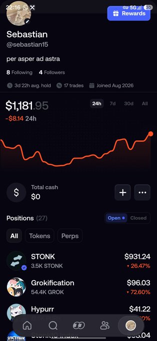 A mobile trading app profile for 'Sebastian' (@sebastian15) showing a portfolio value of $1,181.95 with a -$8.14 loss, holding positions in $TONK ($931.24), Grokification ($96.03), and Hypurr ($41.22).