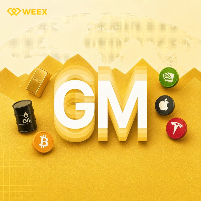 A bright yellow promotional graphic features "GM" in large white 3D letters, surrounded by icons of gold, oil, Bitcoin, Nvidia, Apple, and Tesla. The WEEX logo appears in the top-left corner, tying the image to a crypto exchange's daily greeting that highlights trending assets on users' watchlists.