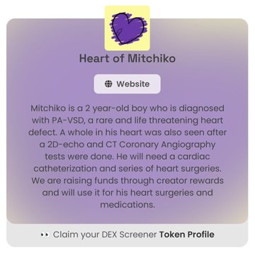 A charity profile titled 'Heart of Mitchiko' describing a 2-year-old boy diagnosed with PA-VSD, a rare heart defect, seeking funds through creator rewards for cardiac surgeries and medications.