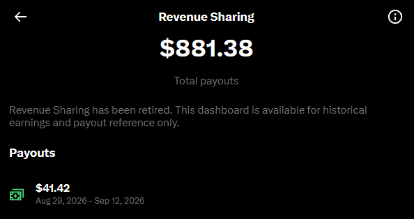 A dark-themed dashboard displays 'Revenue Sharing' with a total of '$881.38' and notes that the feature has been retired, showing a payout of '$41.42' between 'Aug 29, 2026 – Sep 12, 2026'.