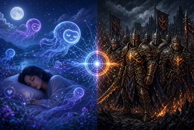 A split-screen fantasy image contrasts a peaceful scene of a sleeping girl surrounded by glowing jellyfish spirits on the left with a group of imposing, fiery armored knights on the right, separated by a glowing orb.