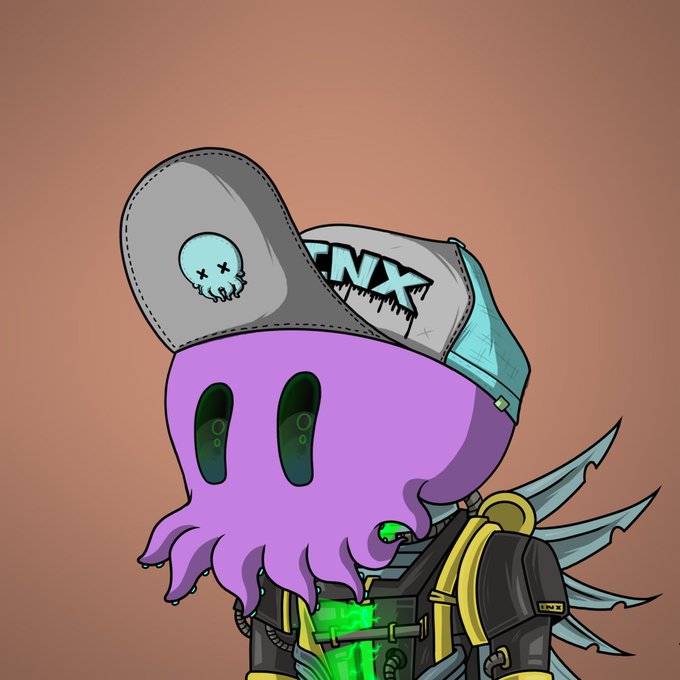 A cartoon illustration of a purple octopus-headed character wearing a gray and teal backwards cap with a skull design, dressed in tactical gear with green accents and metallic spikes on the back.