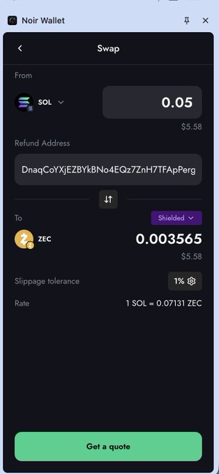A crypto swap interface in the Noir Wallet app showing an exchange of 0.05 SOL ($5.58) for 0.003565 ZEC at a rate of 1 SOL = 0.07131 ZEC, with a refund address field filled in and a "Get a quote" button to finalize the cross-chain swap. The image illustrates the post's claim that users can directly swap assets like SOL to ZEC within the wallet without paying external exchange gas fees.
