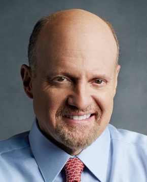 The image shows a smiling, balding man with a goatee wearing a blue dress shirt and red patterned tie—consistent with a professional headshot of Jim Cramer. The photo accompanies the post about Cramer's bearish call on Bitcoin, which proved premature as BTC rallied 37% shortly after his announcement.