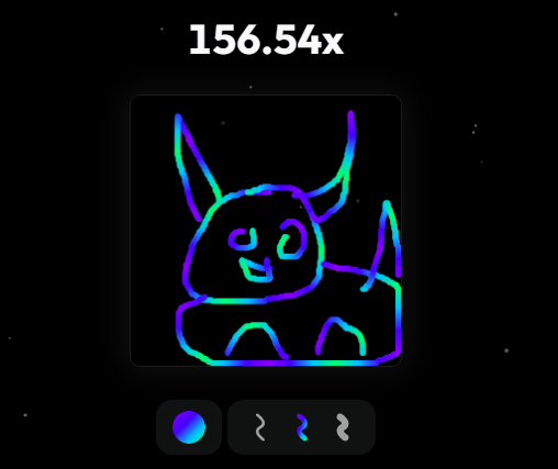 A neon-colored line drawing of a cat-like creature on a dark background showing "156.54x" at the top, appearing to be from a meme or NFT collection page.